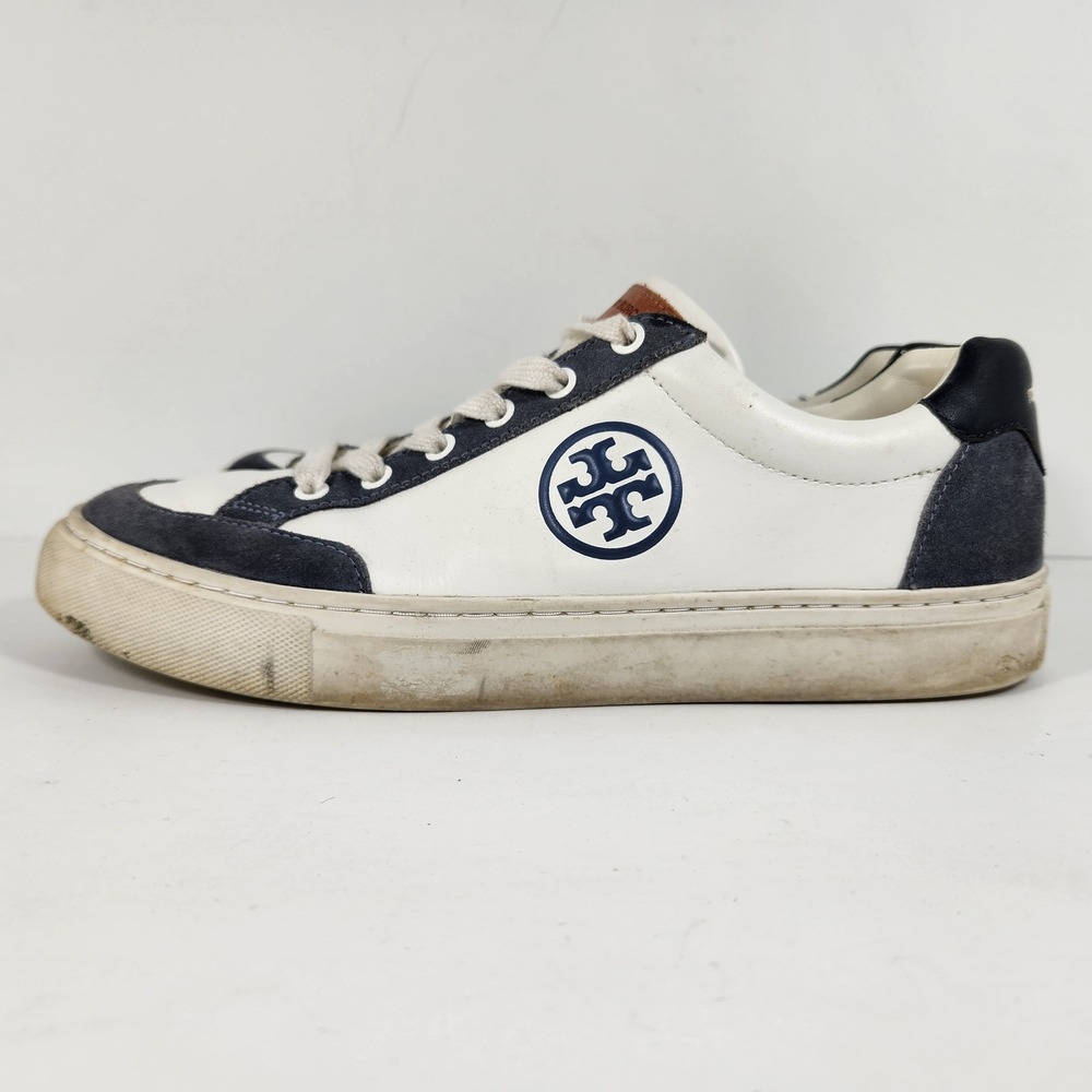 Tory Burch Howell Court Sneakers Womens 9M White Navy Blue Leather Suede 83626